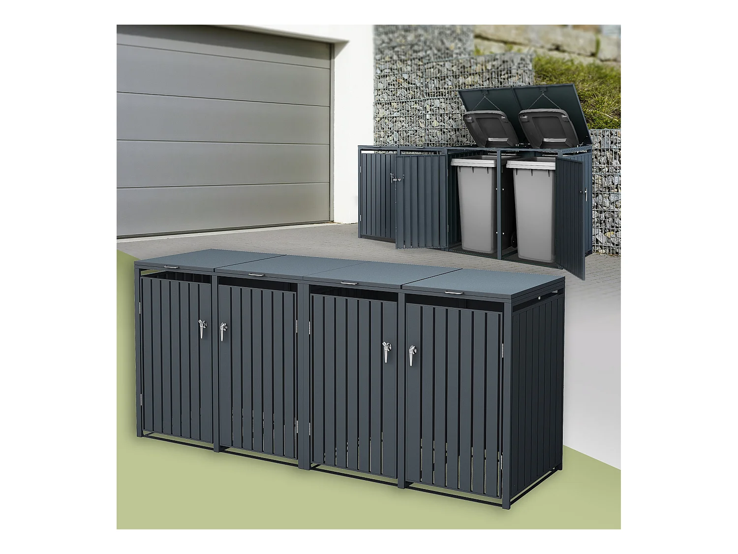 Abri pour 4 poubelles 264x80x116,3 cm 60 à 240 litres par compartiment anthracite acier couvercle rabattable et 4 portes résistant aux intempéries