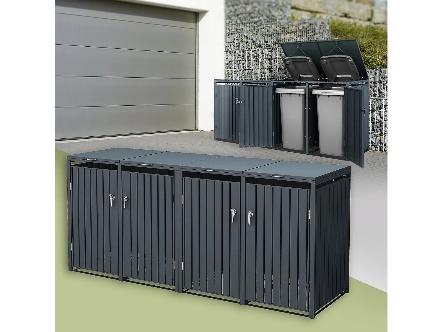 Abri pour 4 poubelles 264x80x116,3 cm 60 à 240 litres par compartiment anthracite acier couvercle rabattable et 4 portes résistant aux intempéries