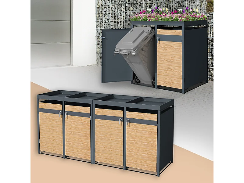 ML-Design Cobertizo de exterior para 4 cubos de basura de 240L 132x80x124cm acero antracita aspecto alerce cubre contenedor con tapa y puerta abatible