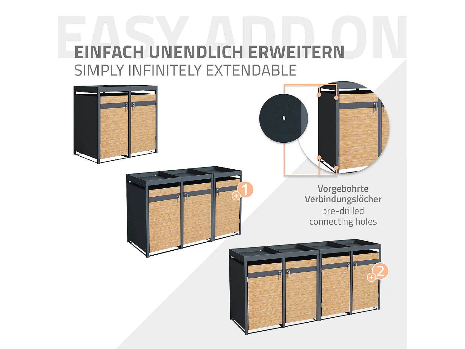 Abri pour 4 poubelles 264x80x124 cm capacité de 60L à 240L anthracite/aspect mélèze en acier avec toit pour plantes/4 portes résistant aux intempéries