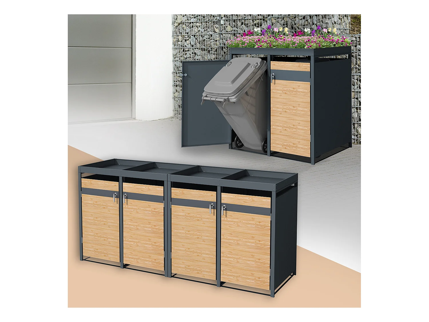 ML-Design Cobertizo de exterior para 4 cubos de basura de 240L 132x80x124cm acero antracita aspecto alerce cubre contenedor con tapa y puerta abatible