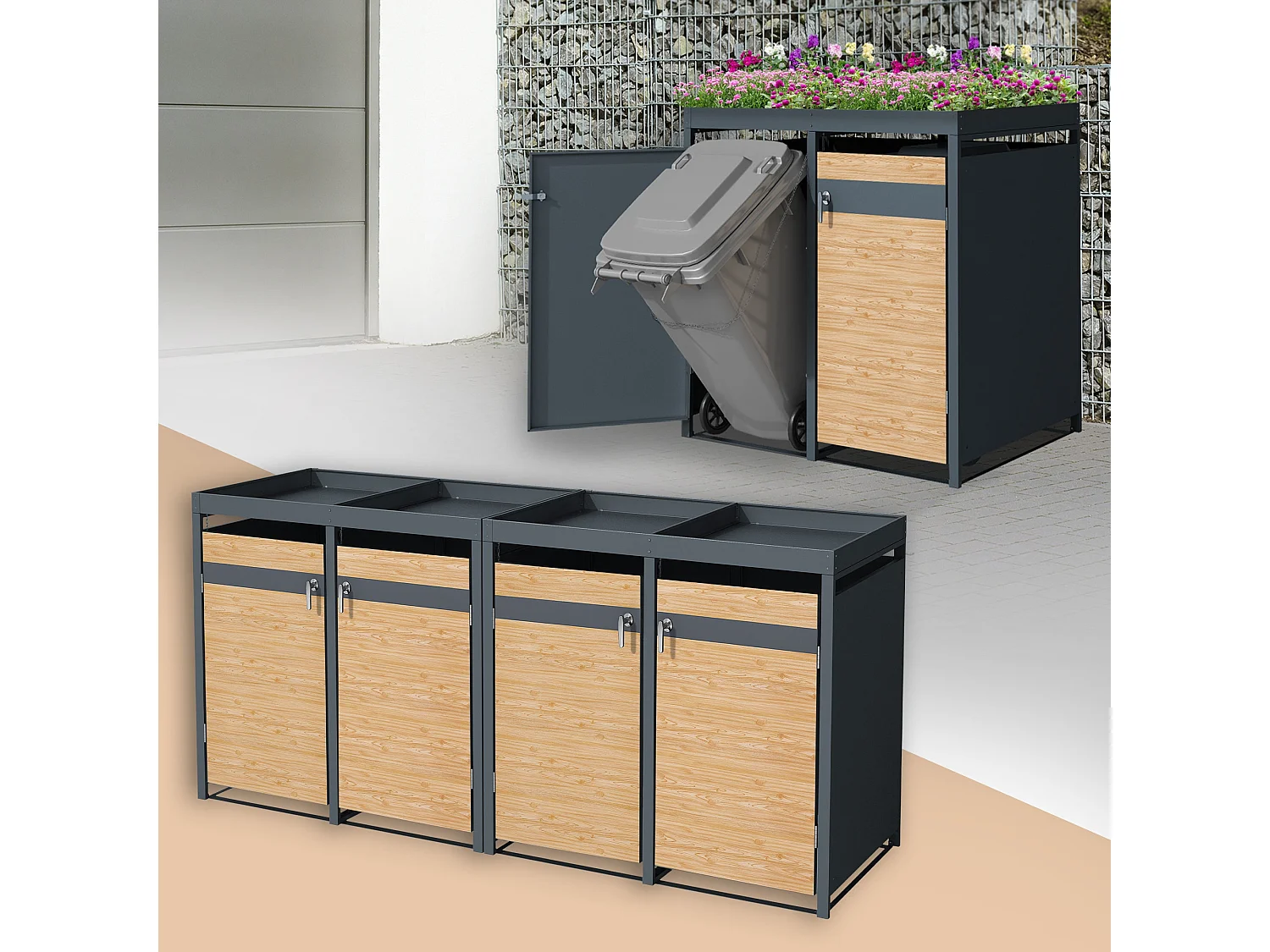 Abri pour 4 poubelles 264x80x124 cm capacité de 60L à 240L anthracite/aspect mélèze en acier avec toit pour plantes/4 portes résistant aux intempéries