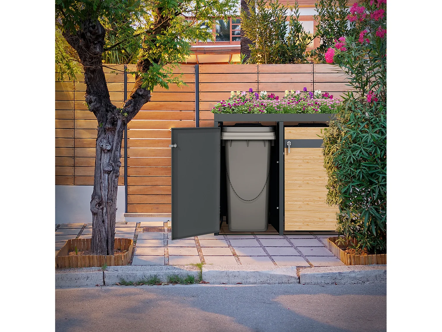 Abri pour 4 poubelles 264x80x124 cm capacité de 60L à 240L anthracite/aspect mélèze en acier avec toit pour plantes/4 portes résistant aux intempéries