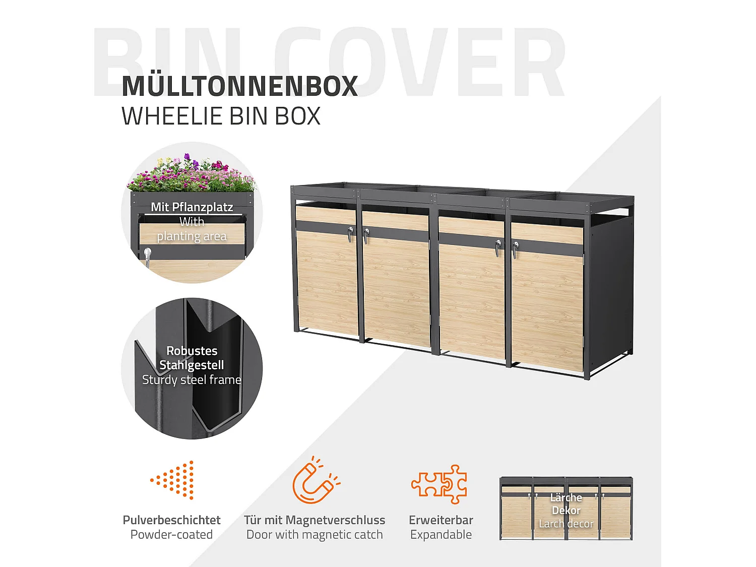 ML-Design Copribidoni per 4 bidoni 240L 264x80x124 cm in acciaio antracite aspetto larice contenitore per pattumiera con 4 ante e tetto a fioriera