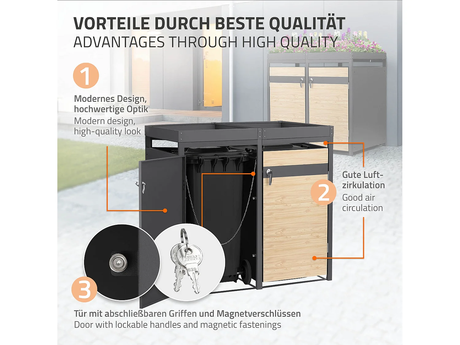 ML-Design Copribidoni per 4 bidoni 240L 264x80x124 cm in acciaio antracite aspetto larice contenitore per pattumiera con 4 ante e tetto a fioriera