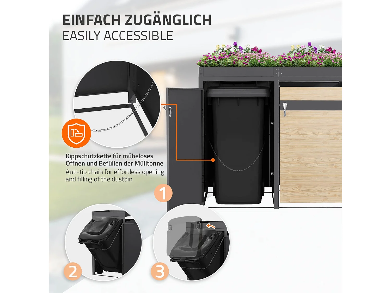 ML-Design Copribidoni per 4 bidoni 240L 264x80x124 cm in acciaio antracite aspetto larice contenitore per pattumiera con 4 ante e tetto a fioriera