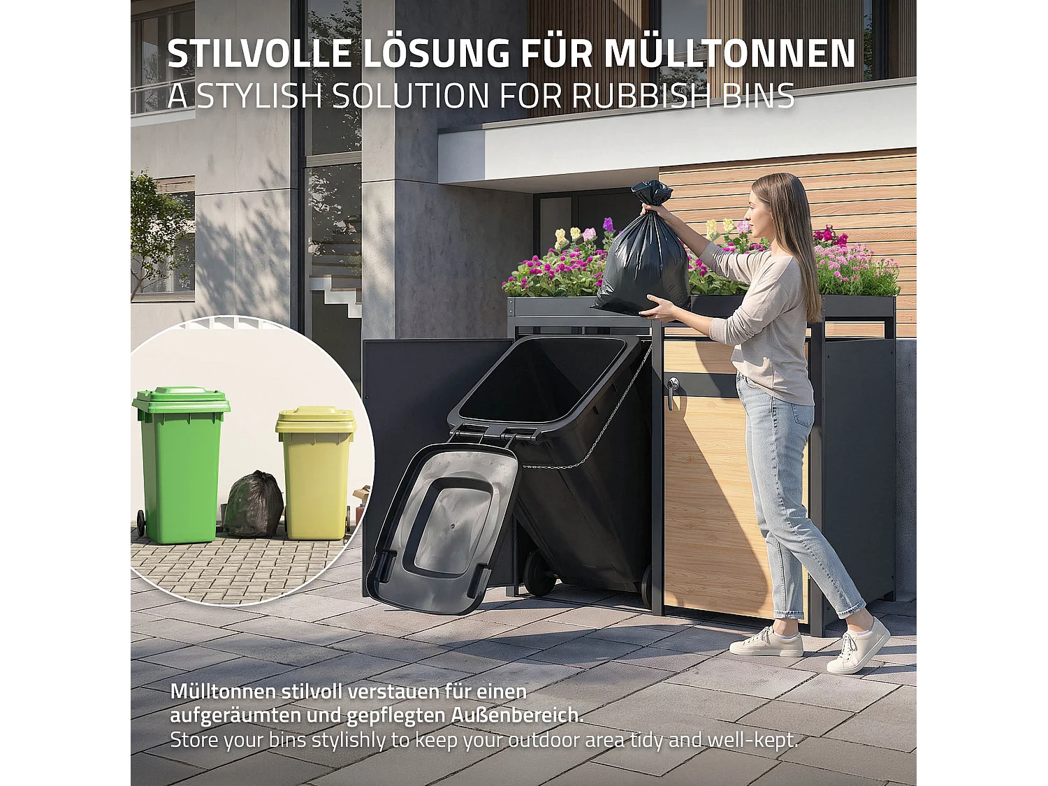 ML-Design Copribidoni per 4 bidoni 240L 264x80x124 cm in acciaio antracite aspetto larice contenitore per pattumiera con 4 ante e tetto a fioriera