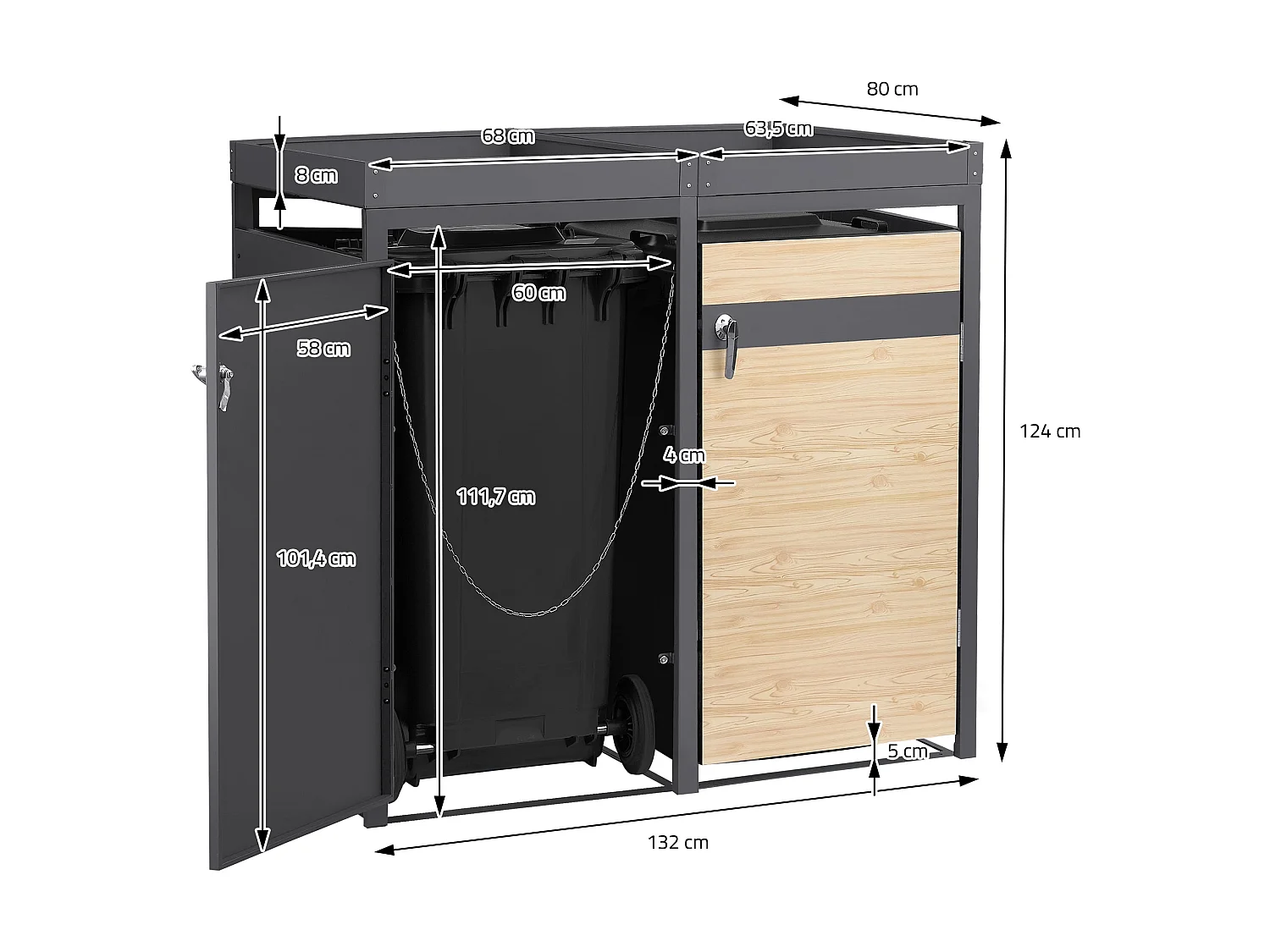 ML-Design Copribidoni per 4 bidoni 240L 264x80x124 cm in acciaio antracite aspetto larice contenitore per pattumiera con 4 ante e tetto a fioriera
