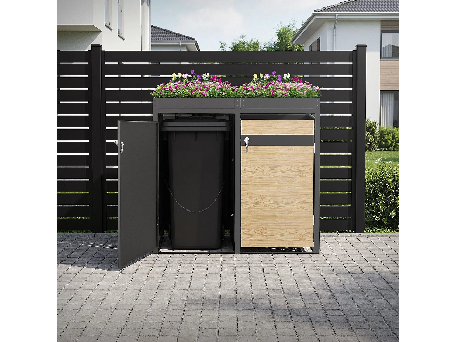 ML-Design Copribidoni per 4 bidoni 240L 264x80x124 cm in acciaio antracite aspetto larice contenitore per pattumiera con 4 ante e tetto a fioriera