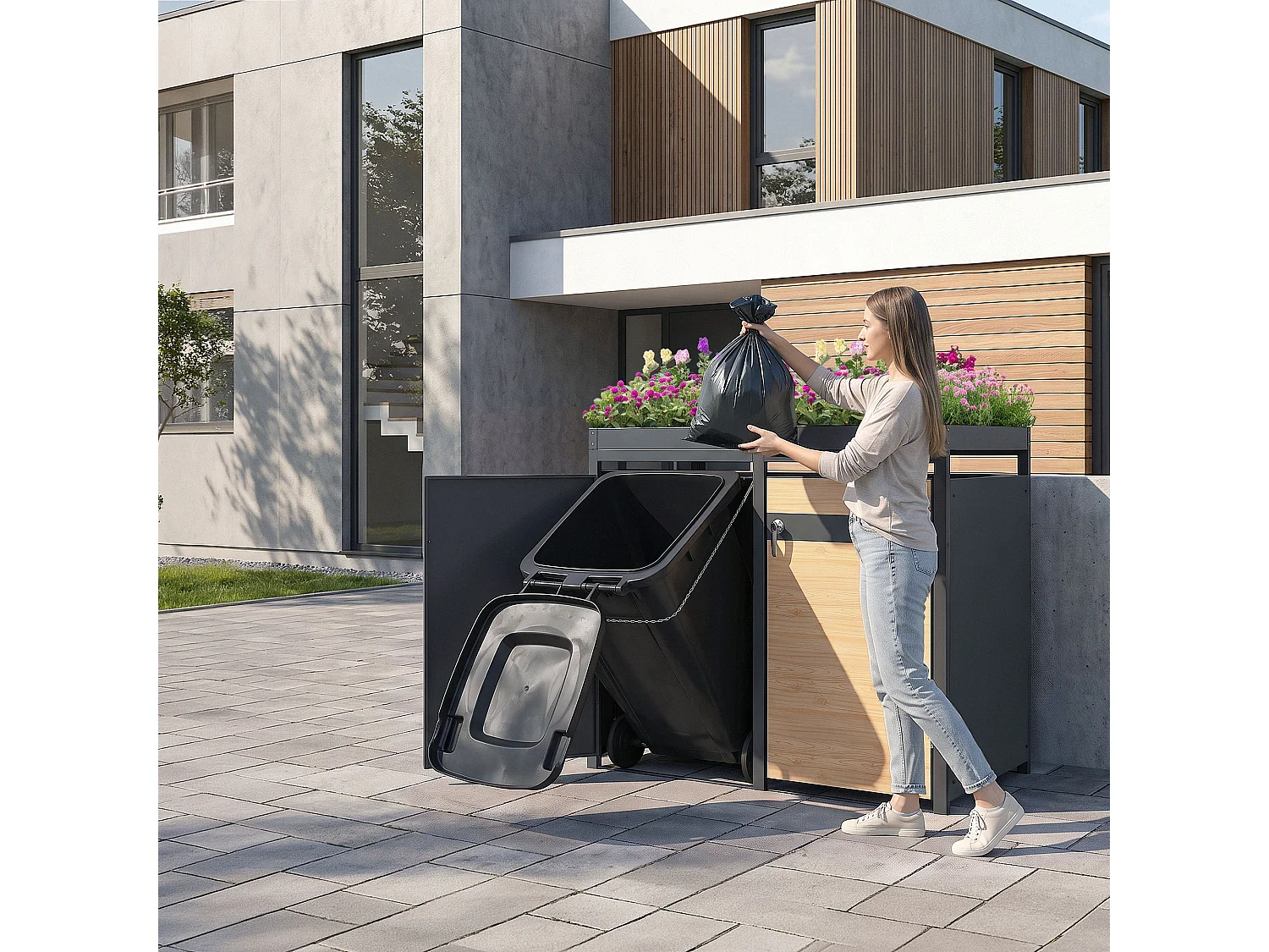 ML-Design Copribidoni per 4 bidoni 240L 264x80x124 cm in acciaio antracite aspetto larice contenitore per pattumiera con 4 ante e tetto a fioriera