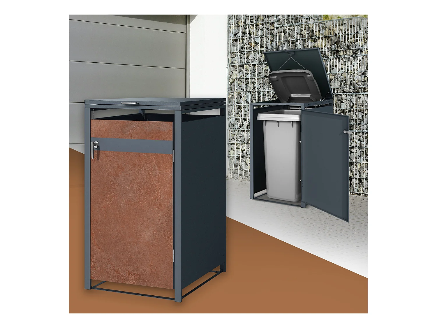 Abri pour 1 poubelle 68x80x116,3 cm capacité de 60L à 240L anthracite/aspect rouillé en acier couvercle rabattable/porte résistant aux intempéries