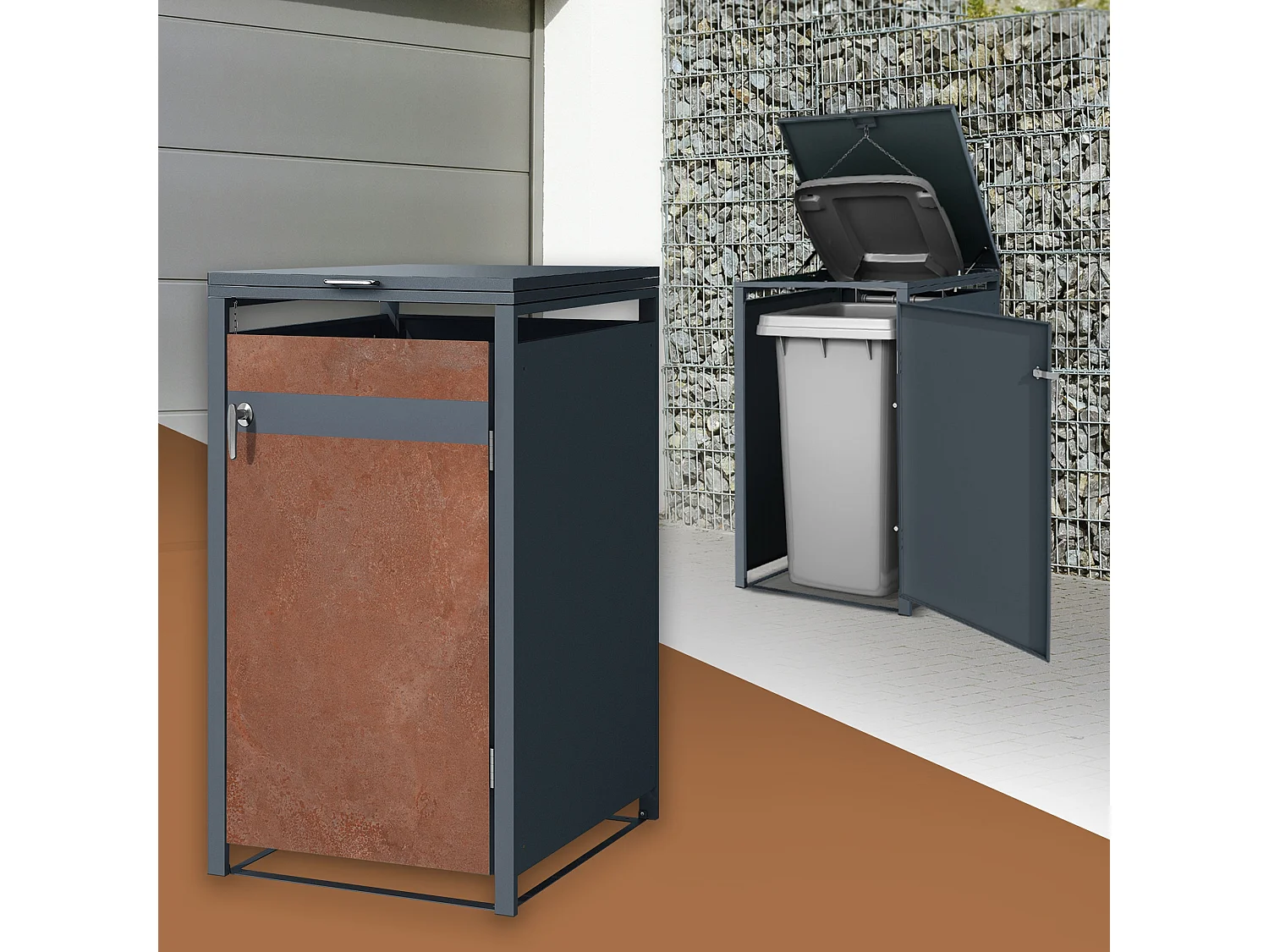 ML-Design Copribidone per 1 cestino da spazzatura rifiuti 240 L 68x80x116,3 cm antracite effetto ruggine acciaio resistente alle intemperie pattumiera