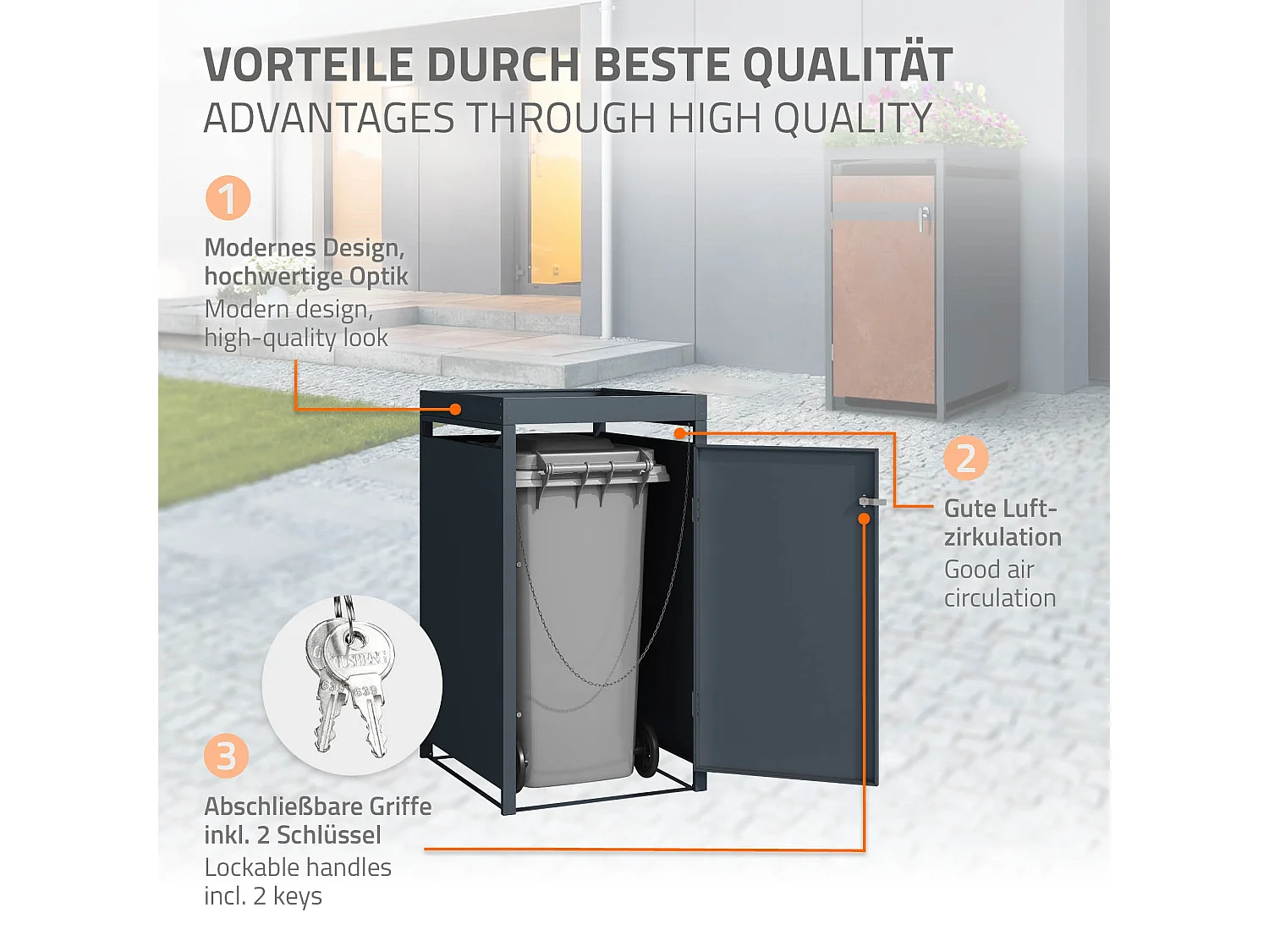 Abri pour 1 poubelle 68x80x124 cm capacité de 60L à 240L anthracite/aspect rouille en acier avec toit pour plantes et porte résistant aux intempéries