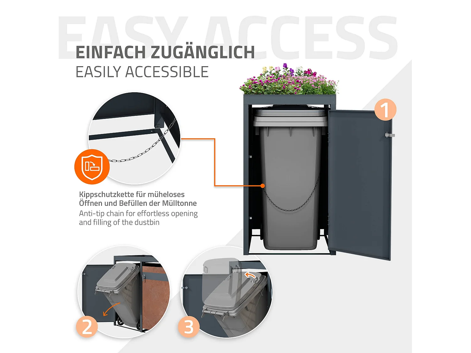 Abri pour 1 poubelle 68x80x124 cm capacité de 60L à 240L anthracite/aspect rouille en acier avec toit pour plantes et porte résistant aux intempéries