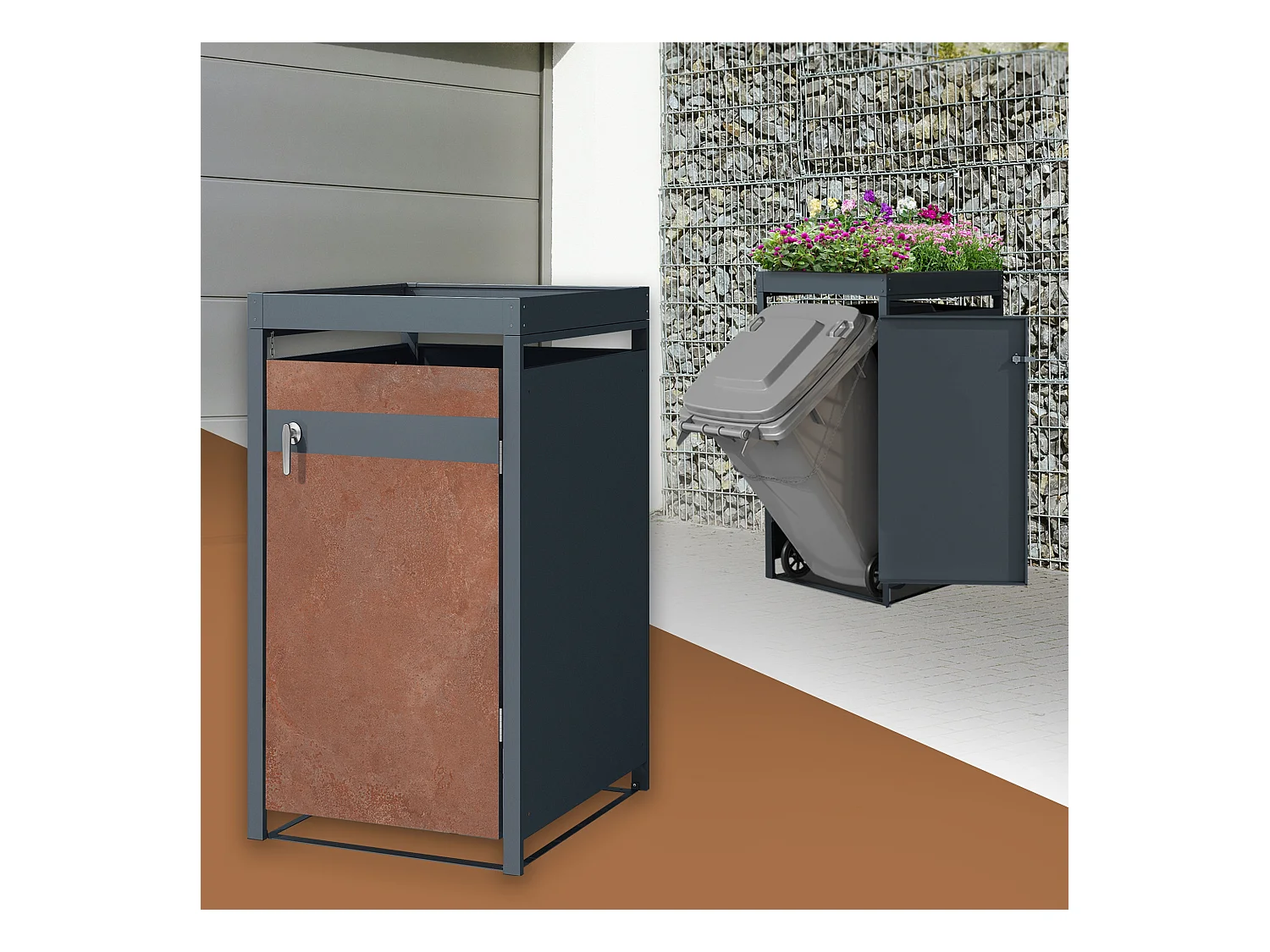 ML-Design Copribidone per 1 cestino da spazzatura con fioriera 240 L 68x80x124 cm antracite con effetto ruggine acciaio resistente alle intemperie