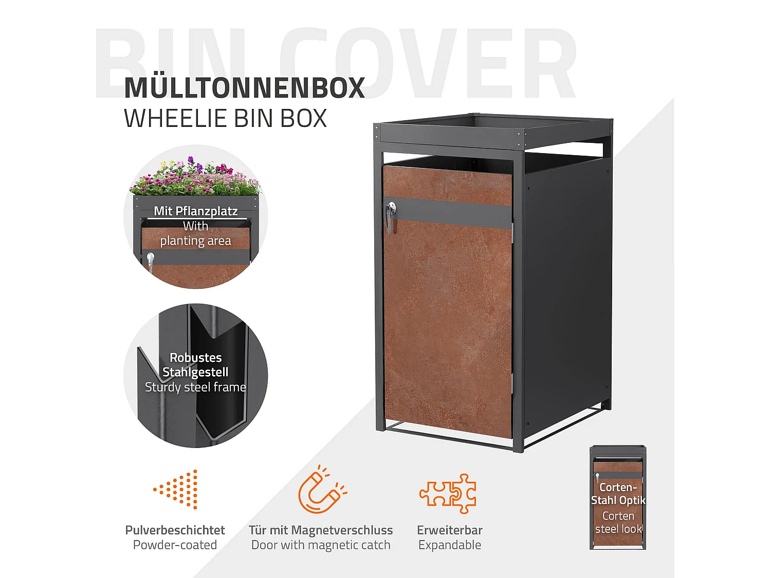 ML-Design Copribidone per 1 cestino da spazzatura con fioriera 240 L 68x80x124 cm antracite con effetto ruggine acciaio resistente alle intemperie
