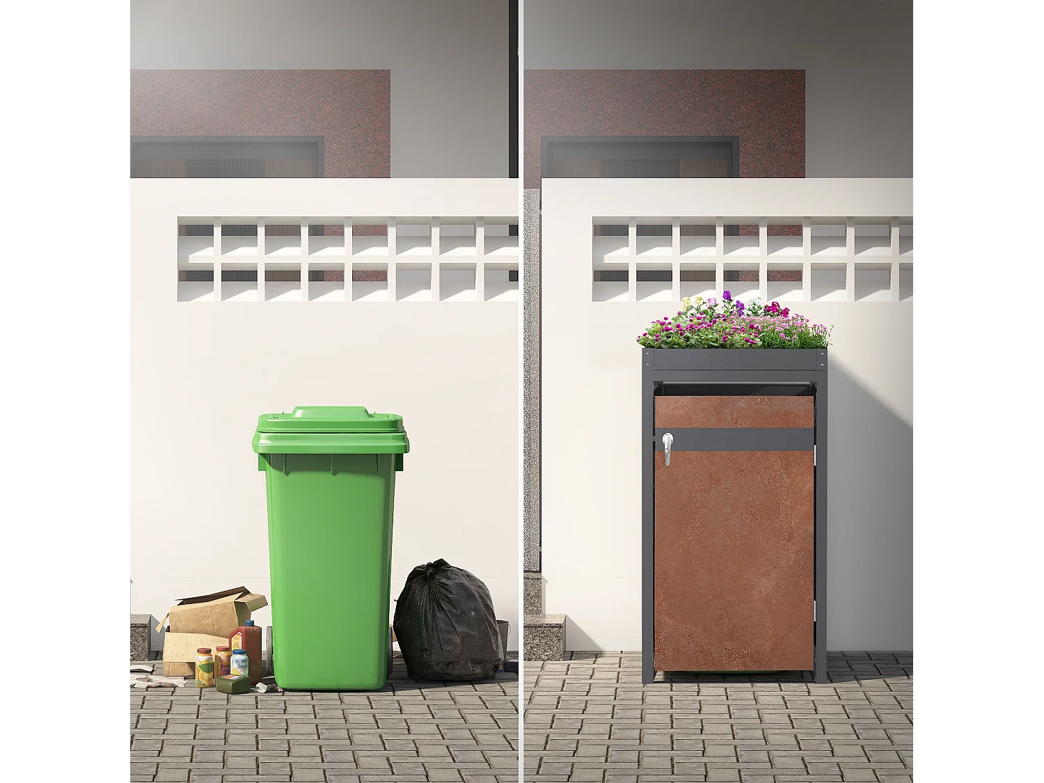 ML-Design Copribidone per 1 cestino da spazzatura con fioriera 240 L 68x80x124 cm antracite con effetto ruggine acciaio resistente alle intemperie