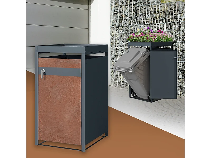 Abri pour 1 poubelle 68x80x124 cm capacité de 60L à 240L anthracite/aspect rouille en acier avec toit pour plantes et porte résistant aux intempéries