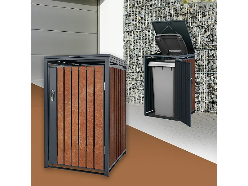 Abri pour 1 poubelle 68x80x116,3 cm capacité de 60L à 240L anthracite/aspect rouillé en acier couvercle rabattable/porte résistant aux intempéries