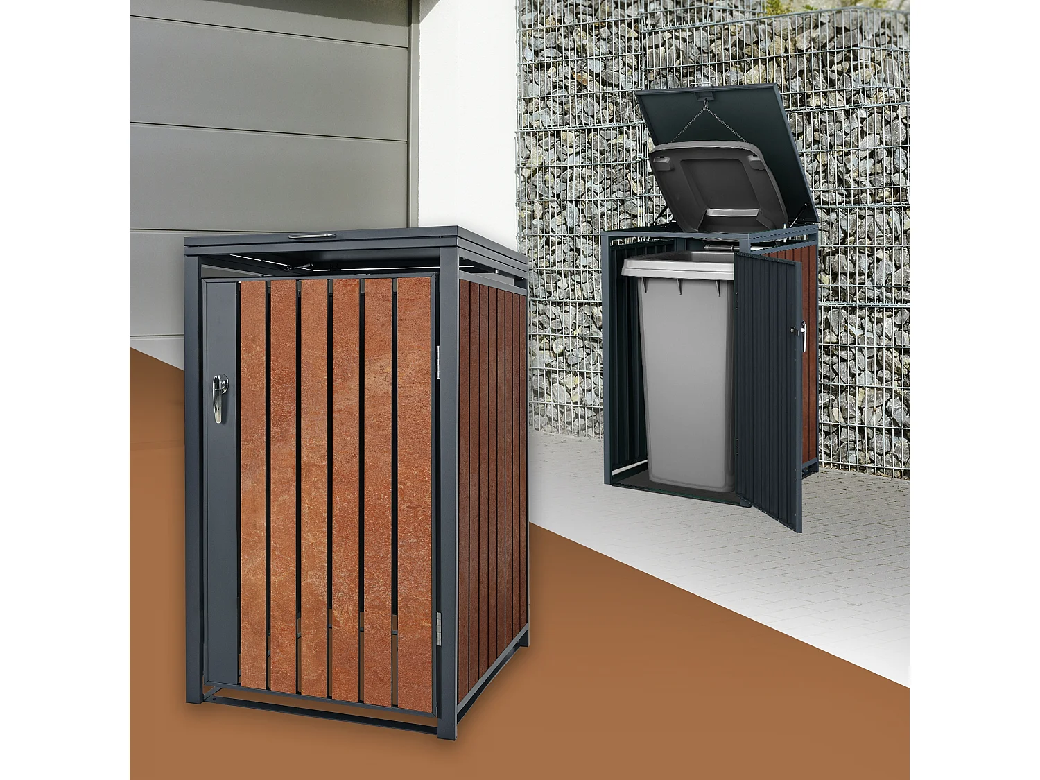 ML-Design Cobertizo de exterior para 2 cubos de basura de 68x80x116,3cm antracita y marrón óxido cubre contenedor separadora pantalla de privacidad