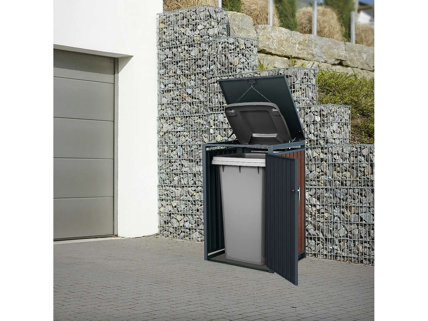 ML-Design Cobertizo de exterior para 2 cubos de basura de 68x80x116,3cm antracita y marrón óxido cubre contenedor separadora pantalla de privacidad