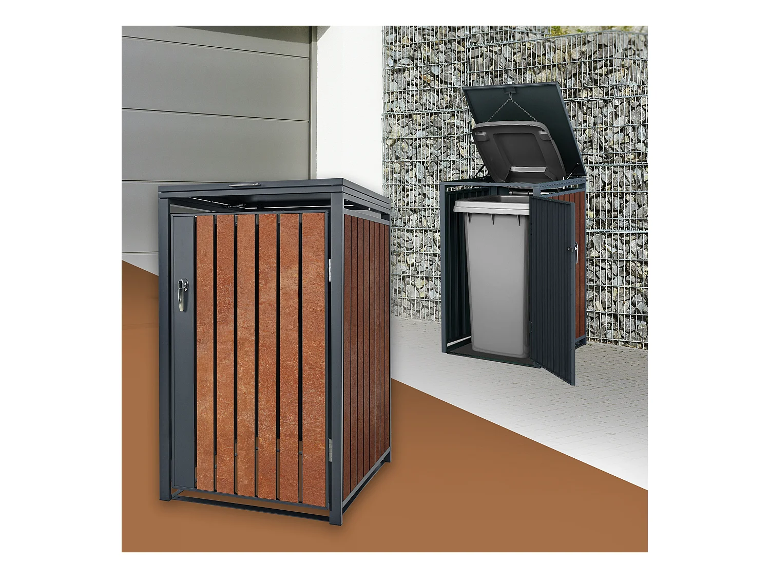 Abri pour 1 poubelle 68x80x116,3 cm capacité de 60L à 240L anthracite/aspect rouillé en acier couvercle rabattable/porte résistant aux intempéries