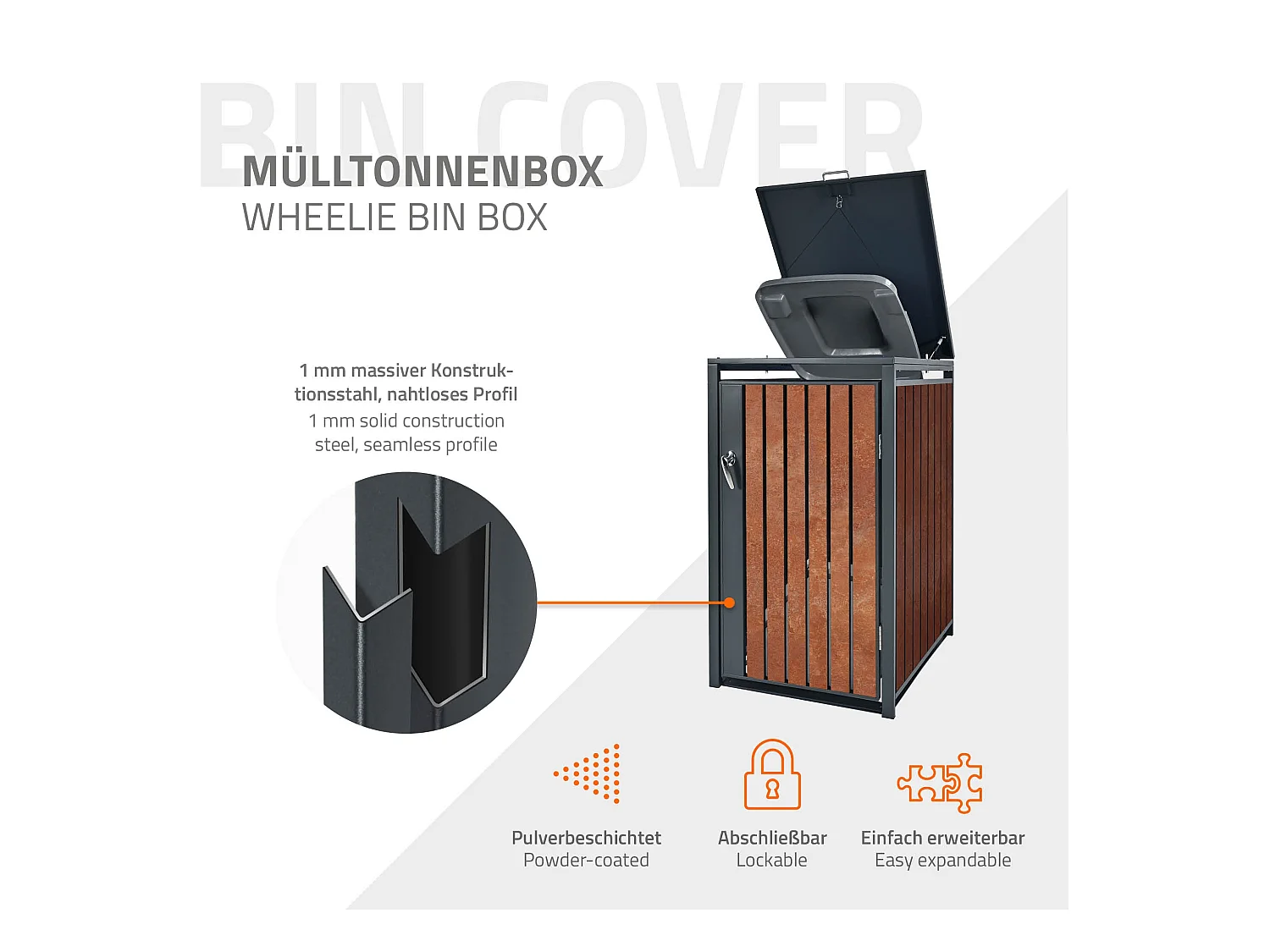 Abri pour 1 poubelle 68x80x116,3 cm capacité de 60L à 240L anthracite/aspect rouillé en acier couvercle rabattable/porte résistant aux intempéries