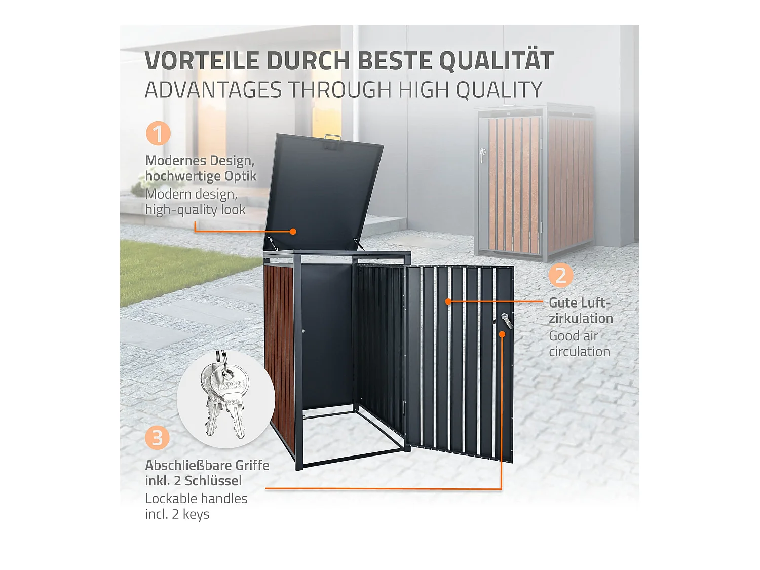 Abri pour 1 poubelle 68x80x116,3 cm capacité de 60L à 240L anthracite/aspect rouillé en acier couvercle rabattable/porte résistant aux intempéries