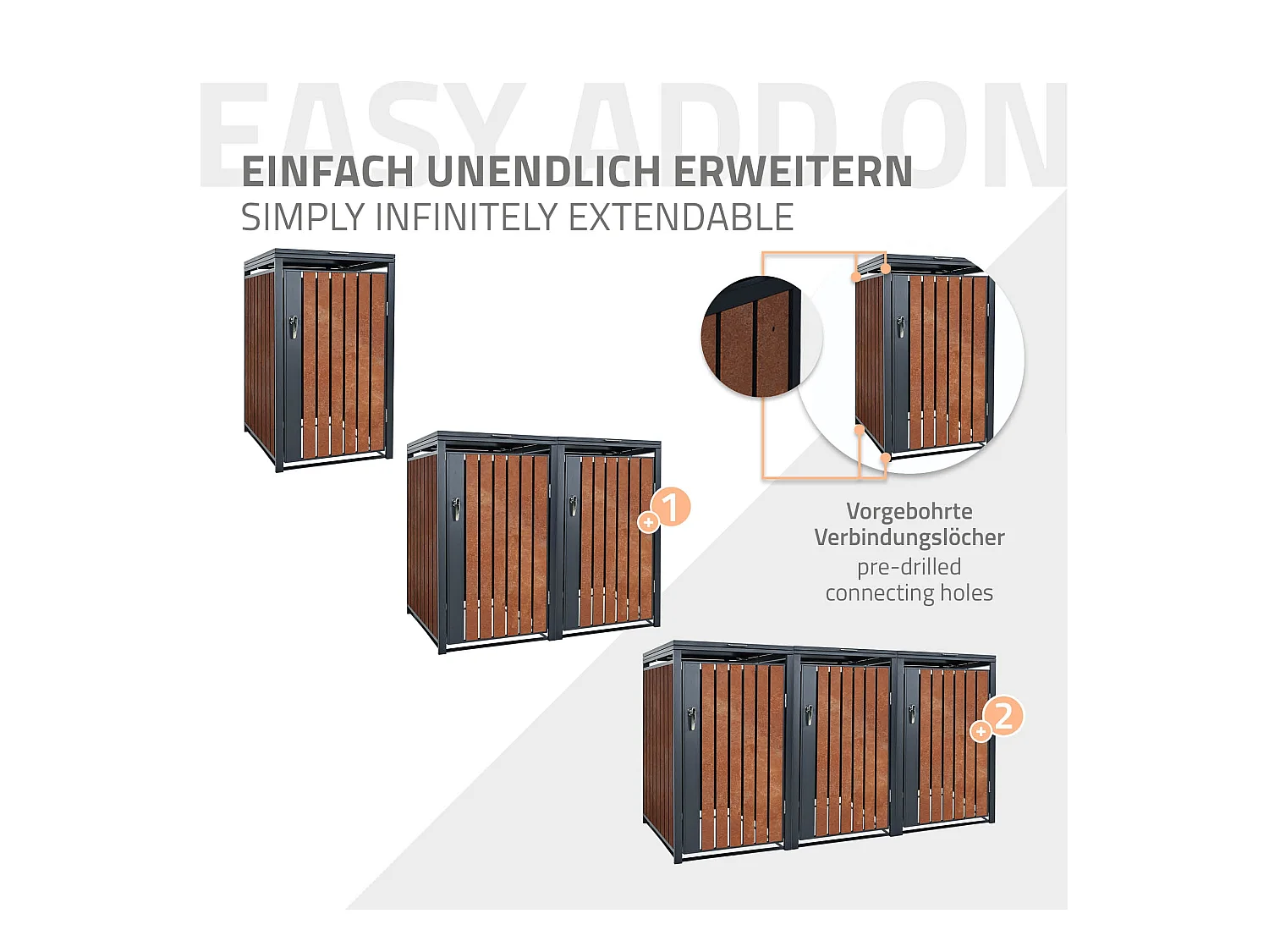 Abri pour 1 poubelle 68x80x116,3 cm capacité de 60L à 240L anthracite/aspect rouillé en acier couvercle rabattable/porte résistant aux intempéries