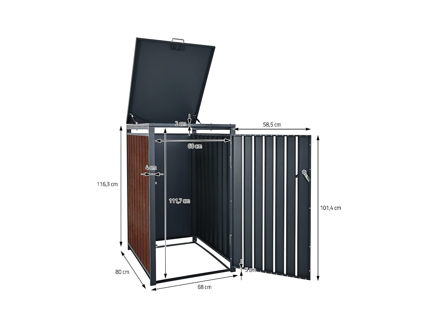 Abri pour 1 poubelle 68x80x116,3 cm capacité de 60L à 240L anthracite/aspect rouillé en acier couvercle rabattable/porte résistant aux intempéries
