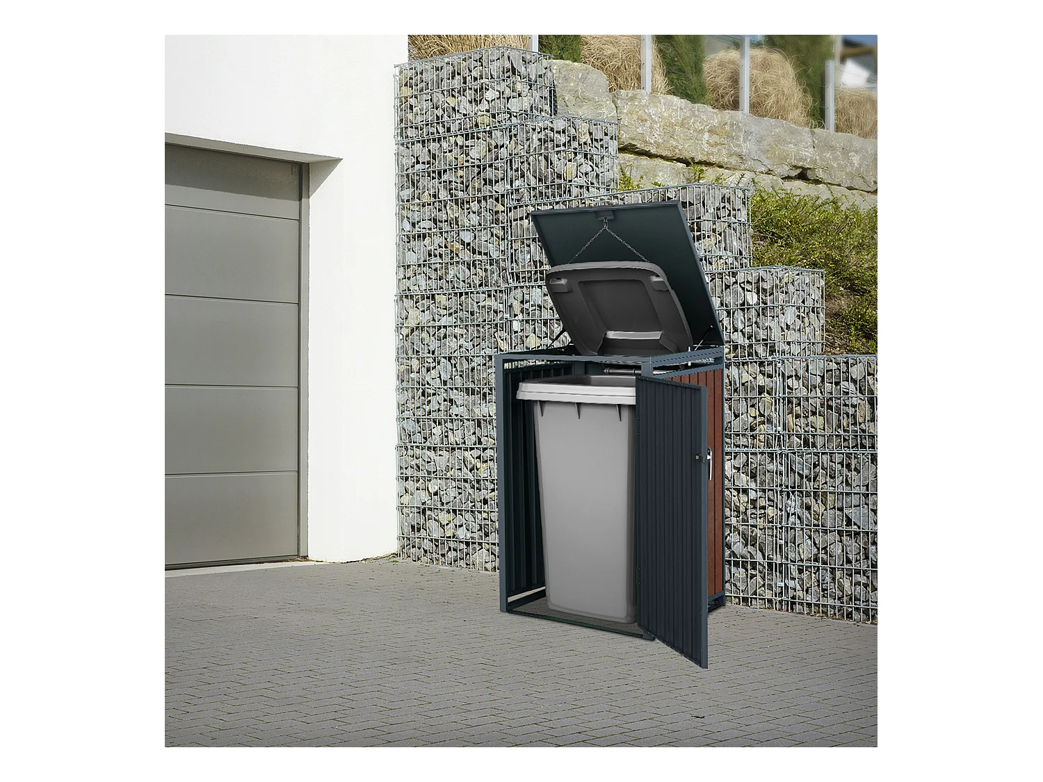 Abri pour 1 poubelle 68x80x116,3 cm capacité de 60L à 240L anthracite/aspect rouillé en acier couvercle rabattable/porte résistant aux intempéries