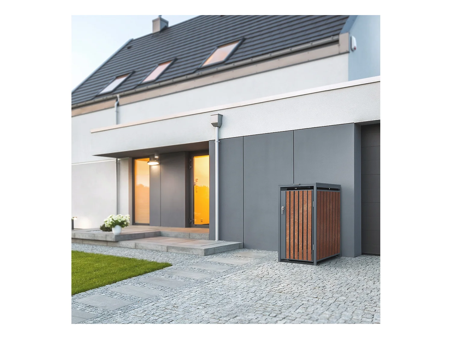 Abri pour 1 poubelle 68x80x116,3 cm capacité de 60L à 240L anthracite/aspect rouillé en acier couvercle rabattable/porte résistant aux intempéries