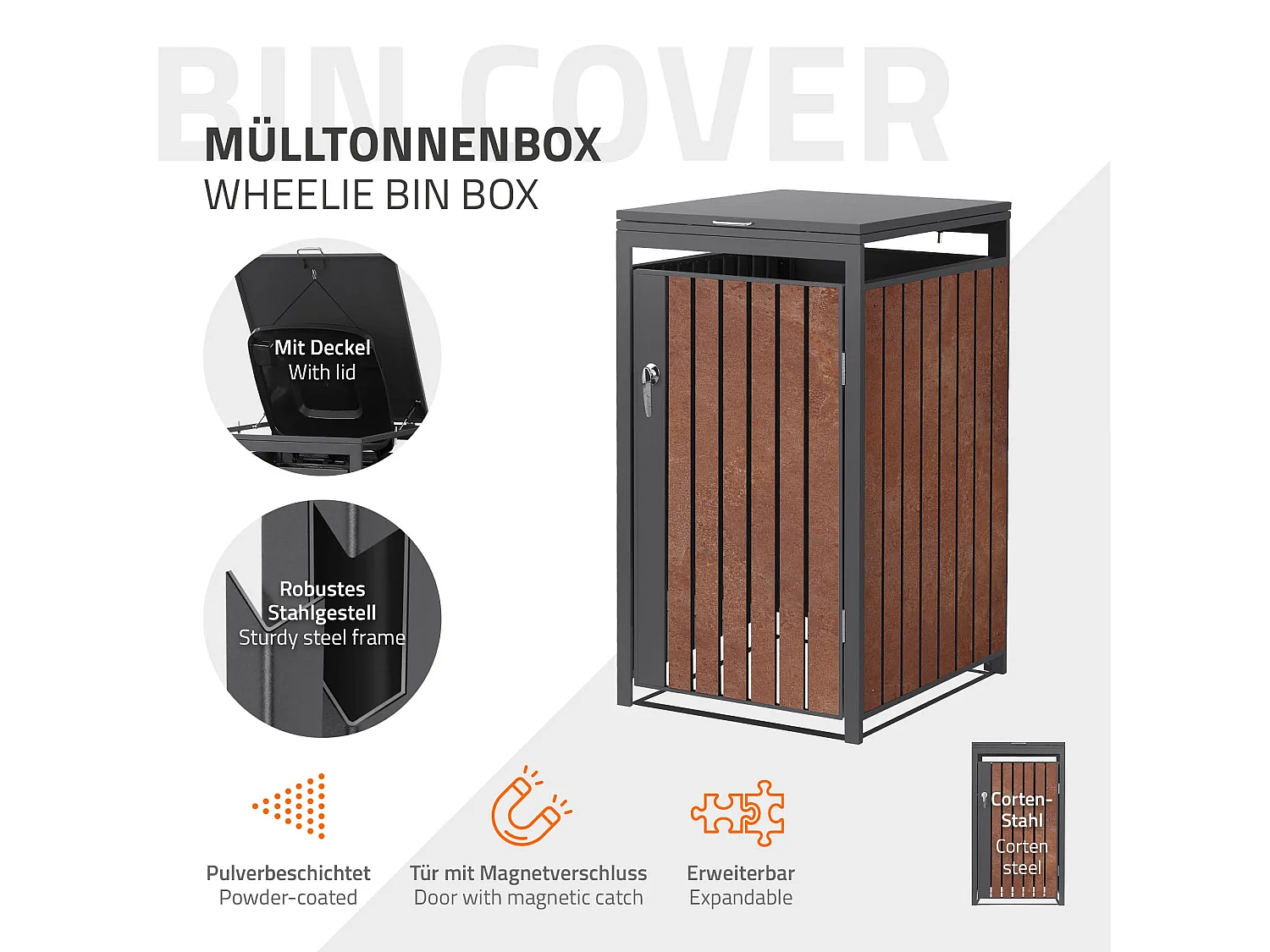 Abri pour 1 poubelle 68x80x120 cm capacité de 60L à 240L anthracite/aspect rouillé en acier couvercle rabattable/porte résistant aux intempéries