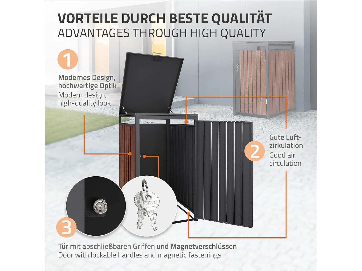 Abri pour 1 poubelle 68x80x120 cm capacité de 60L à 240L anthracite/aspect rouillé en acier couvercle rabattable/porte résistant aux intempéries