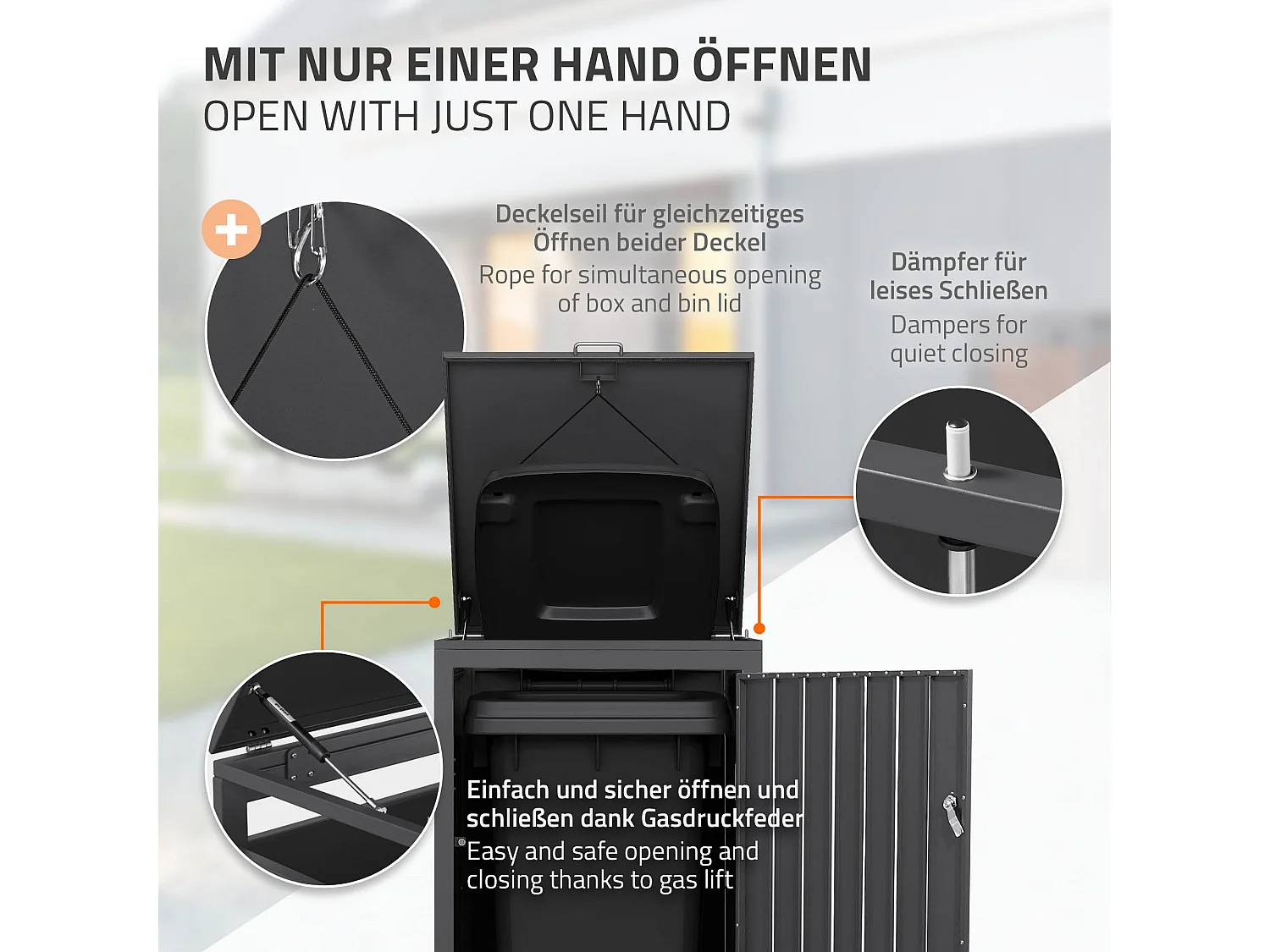 Abri pour 1 poubelle 68x80x120 cm capacité de 60L à 240L anthracite/aspect rouillé en acier couvercle rabattable/porte résistant aux intempéries