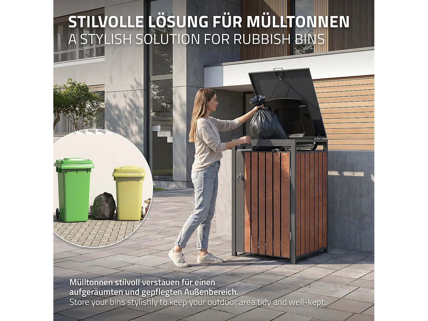 Abri pour 1 poubelle 68x80x120 cm capacité de 60L à 240L anthracite/aspect rouillé en acier couvercle rabattable/porte résistant aux intempéries