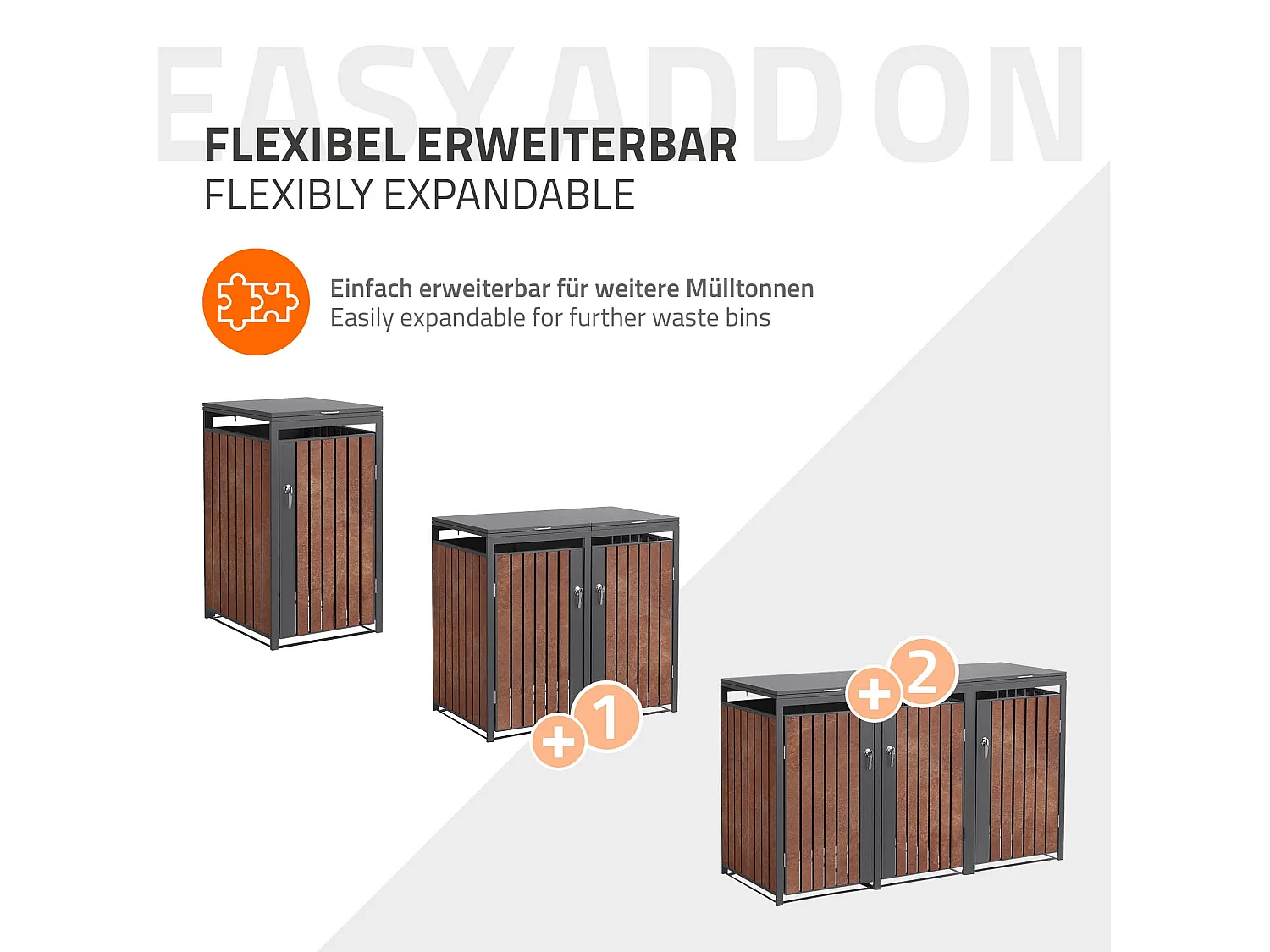 Abri pour 1 poubelle 68x80x120 cm capacité de 60L à 240L anthracite/aspect rouillé en acier couvercle rabattable/porte résistant aux intempéries