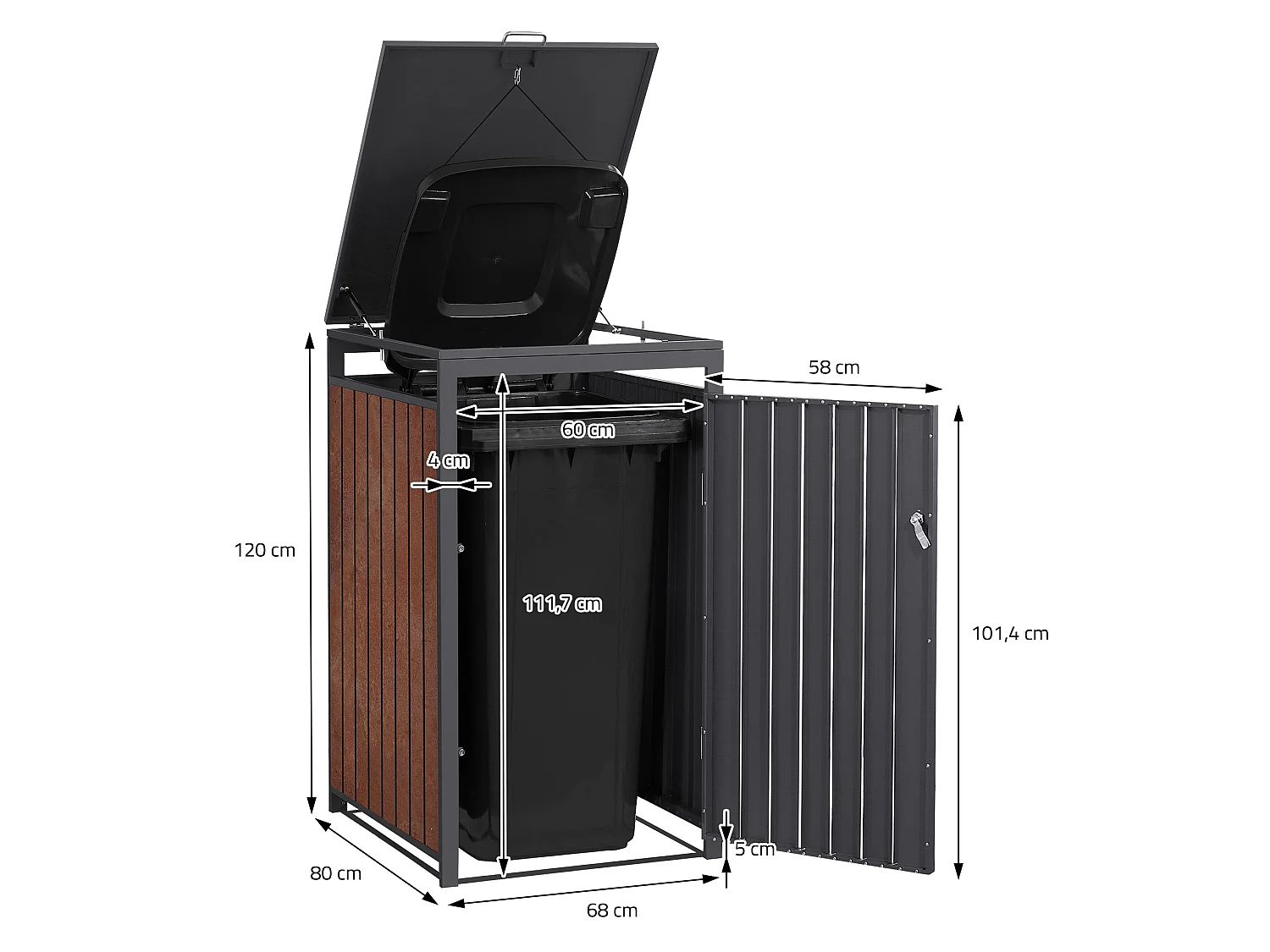 Abri pour 1 poubelle 68x80x120 cm capacité de 60L à 240L anthracite/aspect rouillé en acier couvercle rabattable/porte résistant aux intempéries