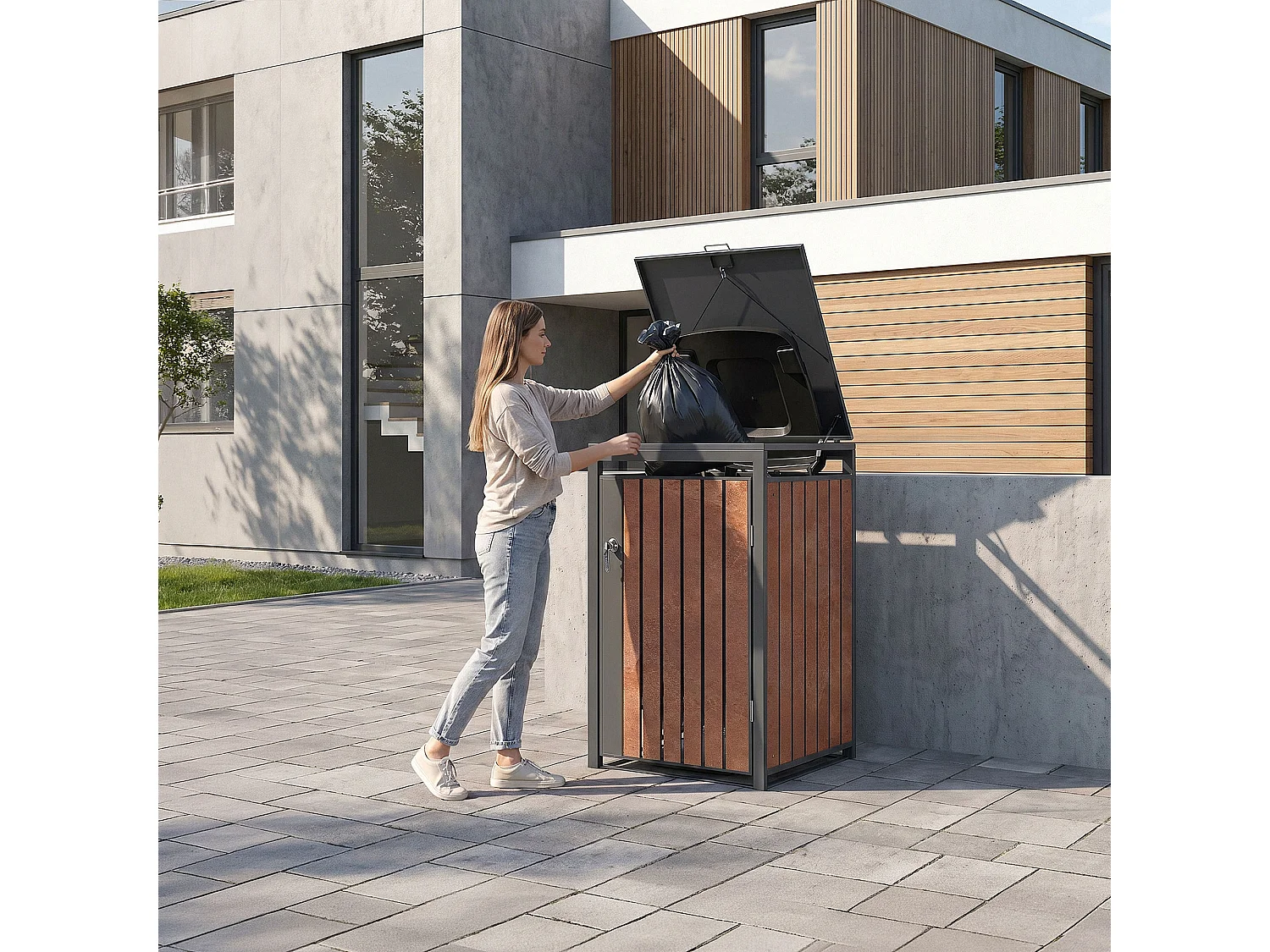 Abri pour 1 poubelle 68x80x120 cm capacité de 60L à 240L anthracite/aspect rouillé en acier couvercle rabattable/porte résistant aux intempéries