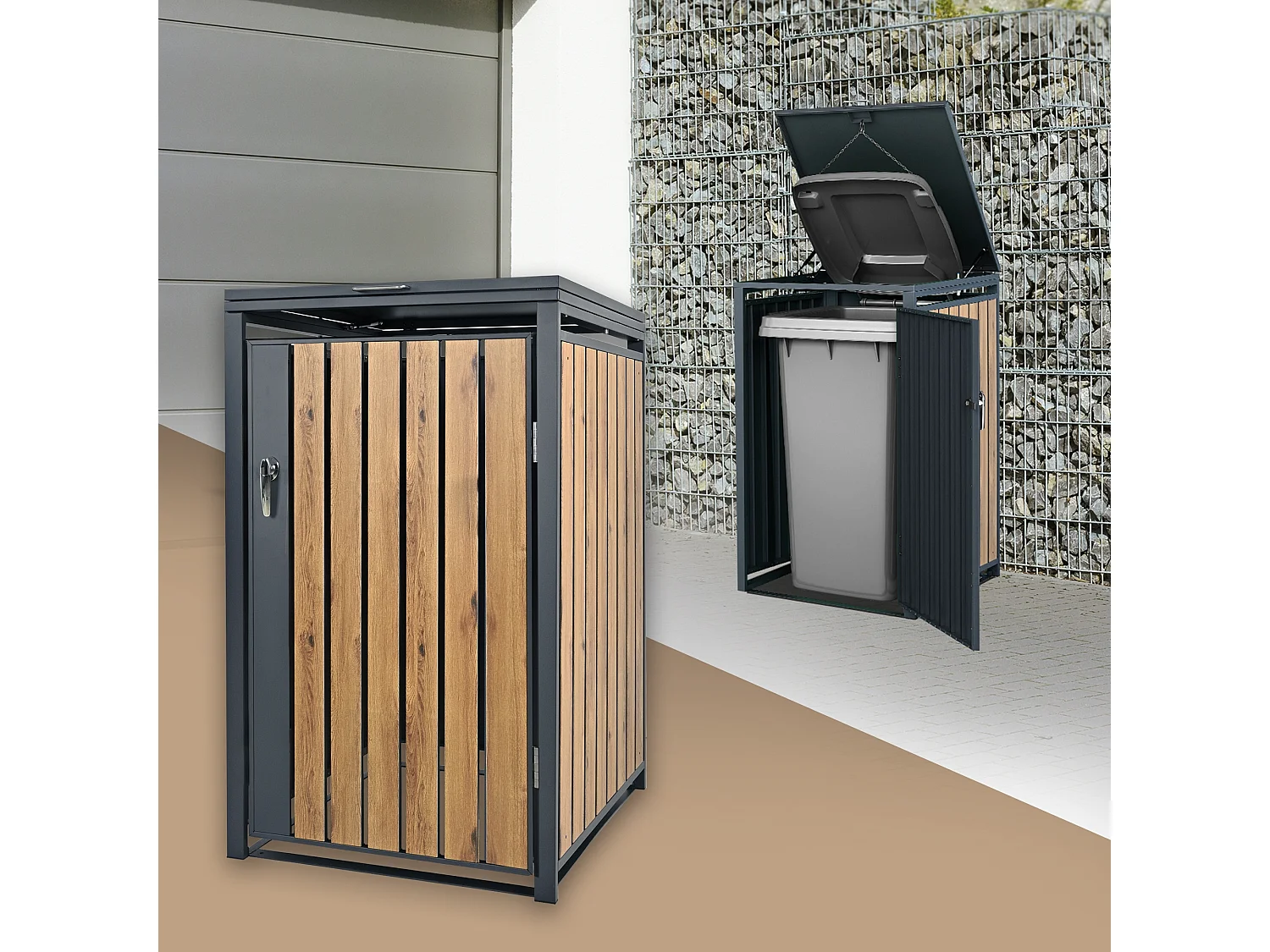 ML-Design Cobertizo de exterior para 1 cubo de basura de 68x80x116,3cm antracita madera de roble cubre contenedor separador pantalla de privacidad