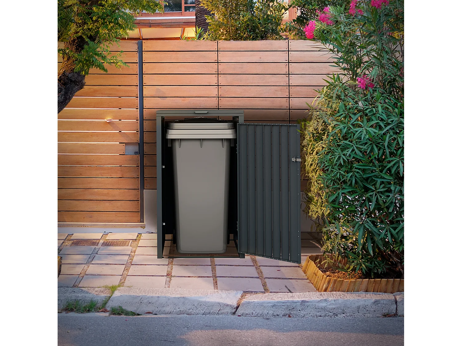 ML-Design Cobertizo de exterior para 1 cubo de basura de 68x80x116,3cm antracita madera de roble cubre contenedor separador pantalla de privacidad