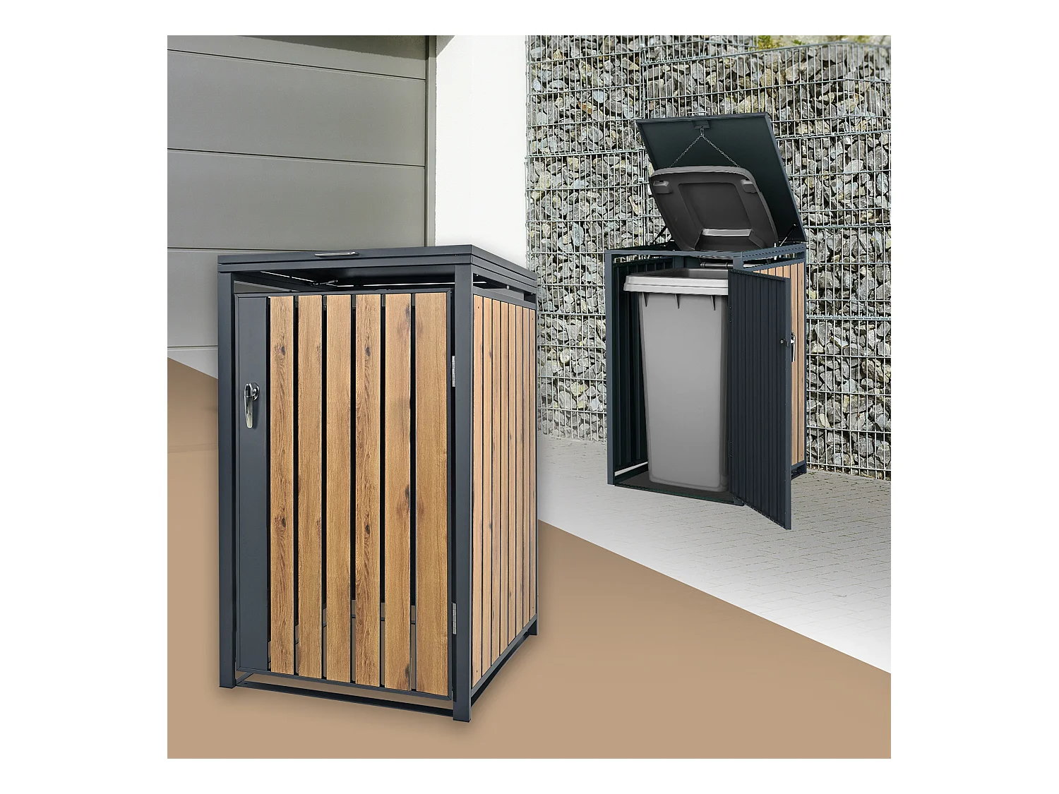 Abri pour 1 poubelle 68x80x116,3 cm capacité de 60L à 240L anthracite/aspect chêne en acier couvercle rabattable/porte résistant aux intempéries