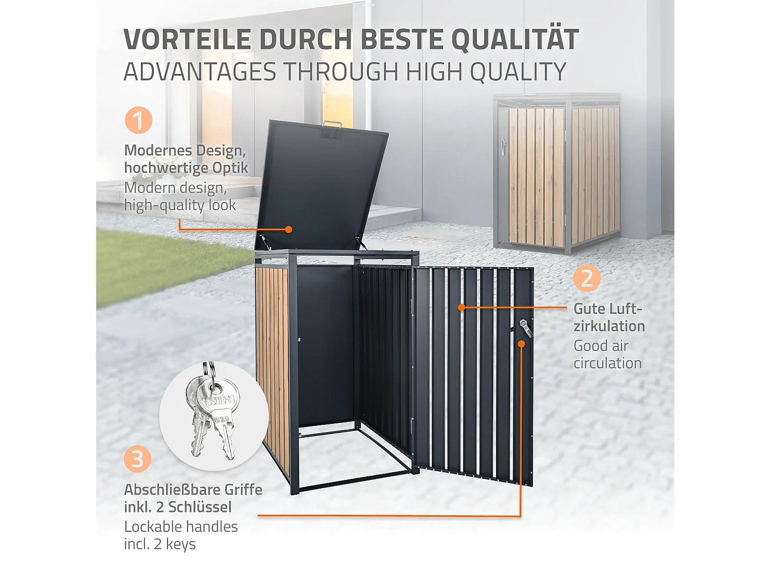 ML-Design Copribidone per 1 cestino da spazzatura 240 L 68x80x116,3 cm antracite con aspetto quercia acciaio resistente alle intemperie pattumiera