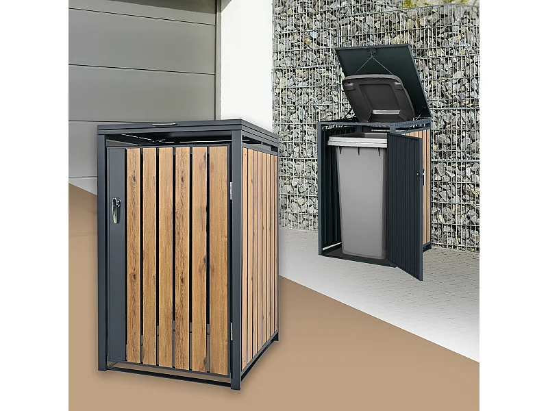 ML-Design Copribidone per 1 cestino da spazzatura 240 L 68x80x116,3 cm antracite con aspetto quercia acciaio resistente alle intemperie pattumiera