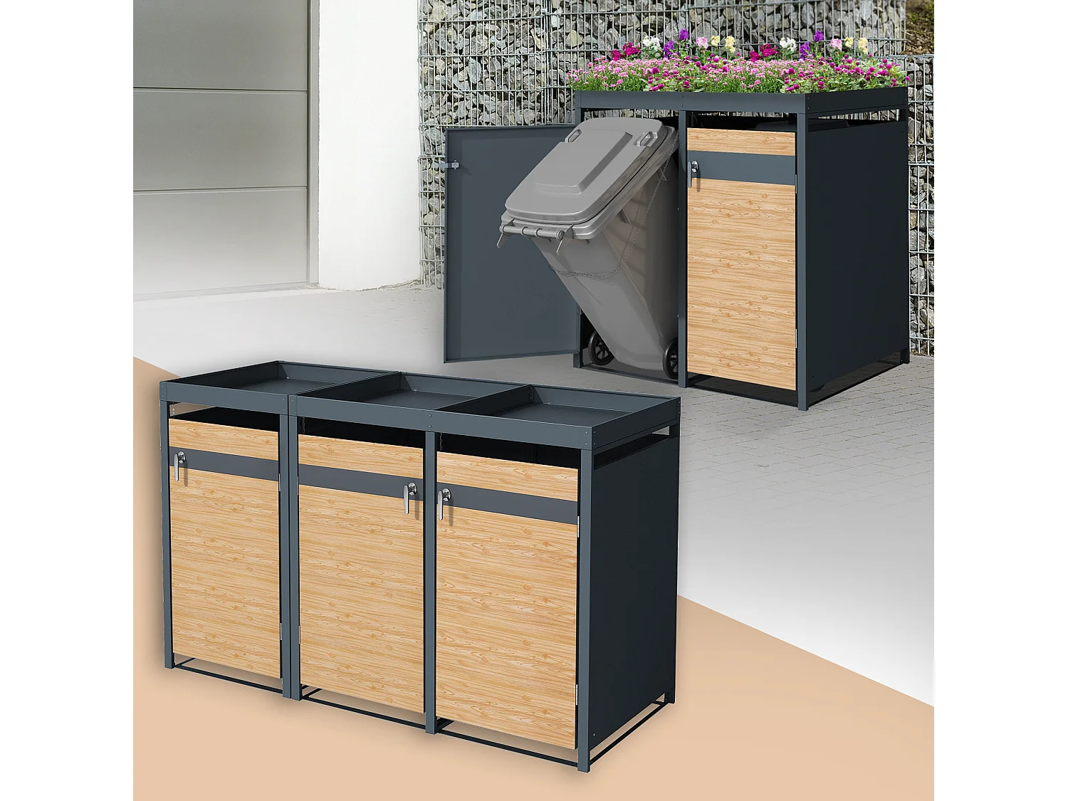 Abri pour 3 poubelles 200x80x124 cm capacité de 60L à 240L anthracite/aspect mélèze en acier avec toit pour plantes/3 portes résistant aux intempéries