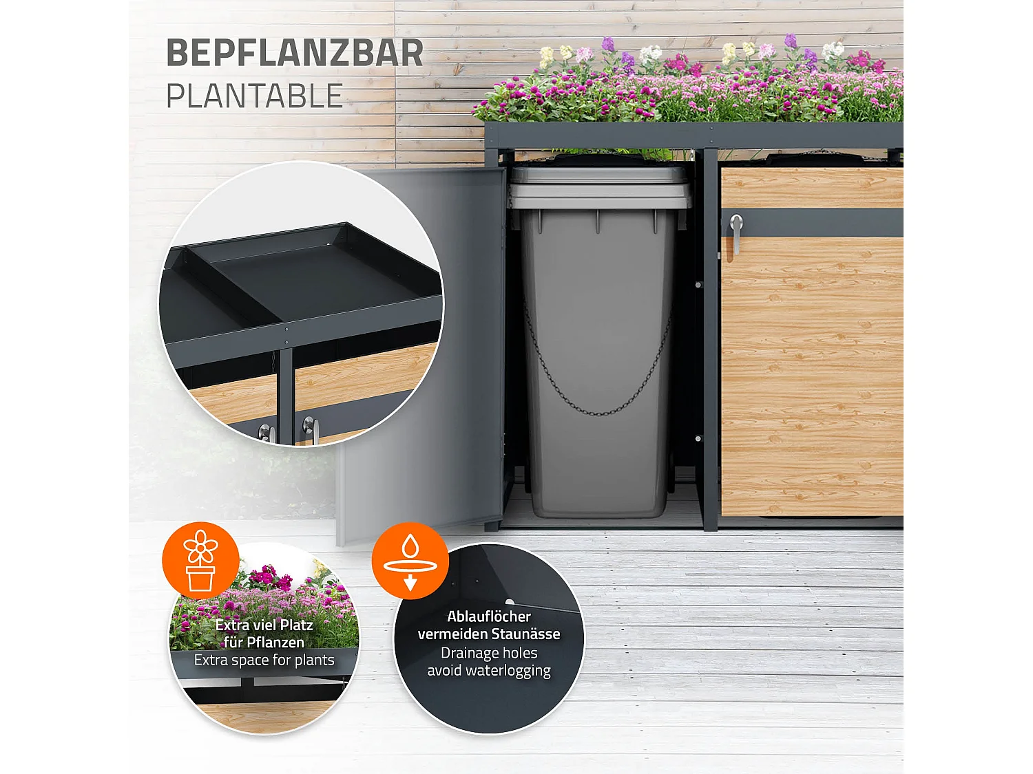 Abri pour 3 poubelles 200x80x124 cm capacité de 60L à 240L anthracite/aspect mélèze en acier avec toit pour plantes/3 portes résistant aux intempéries
