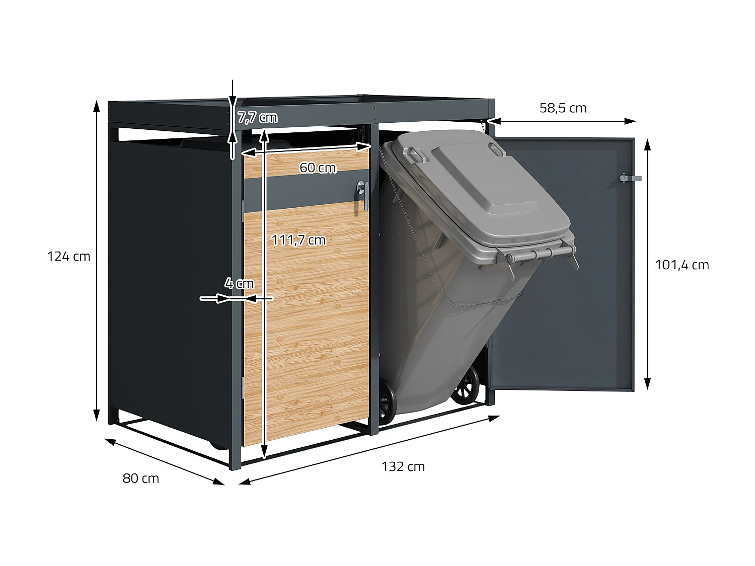 Abri pour 3 poubelles 200x80x124 cm capacité de 60L à 240L anthracite/aspect mélèze en acier avec toit pour plantes/3 portes résistant aux intempéries
