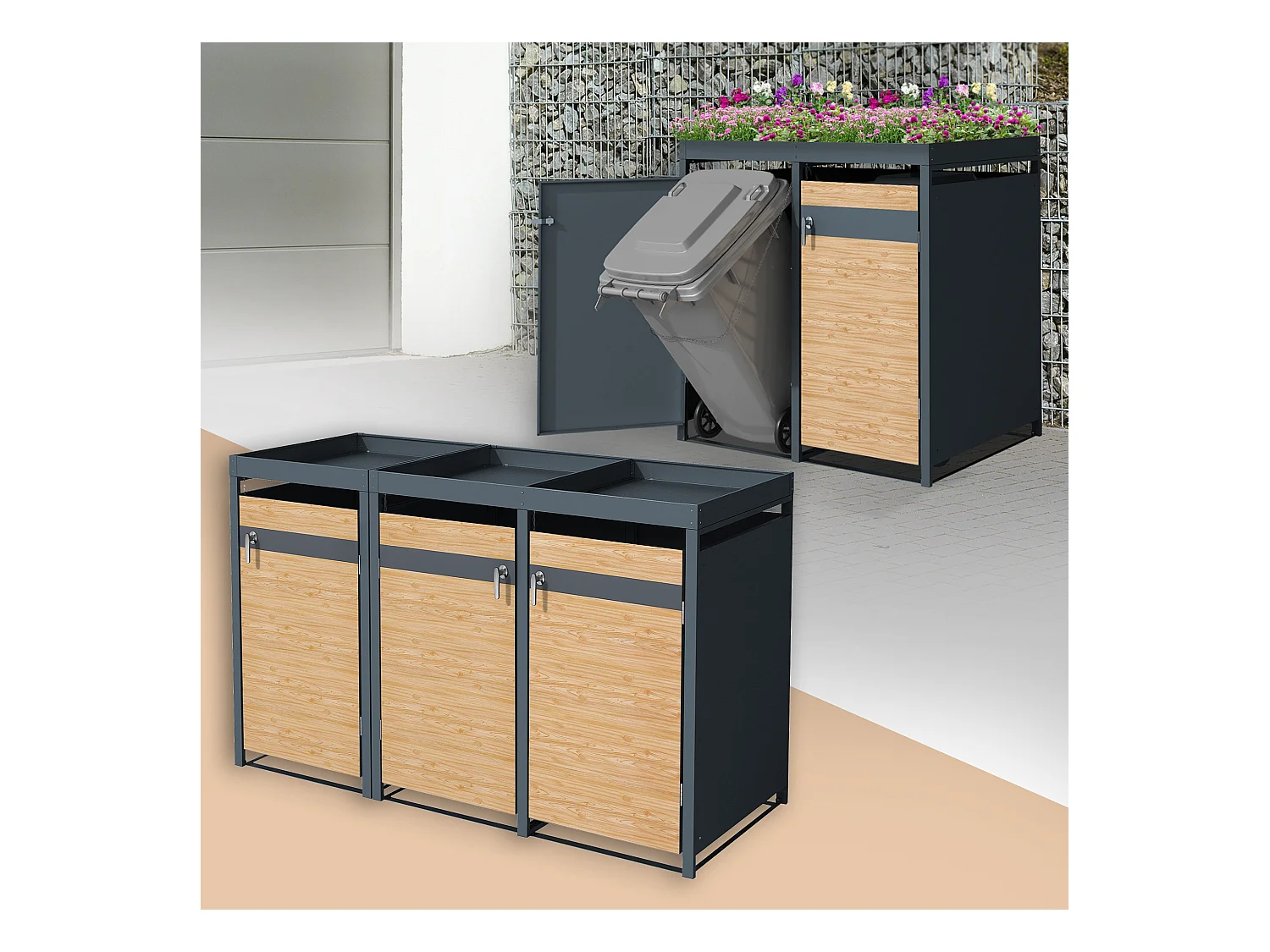 Abri pour 3 poubelles 200x80x124 cm capacité de 60L à 240L anthracite/aspect mélèze en acier avec toit pour plantes/3 portes résistant aux intempéries