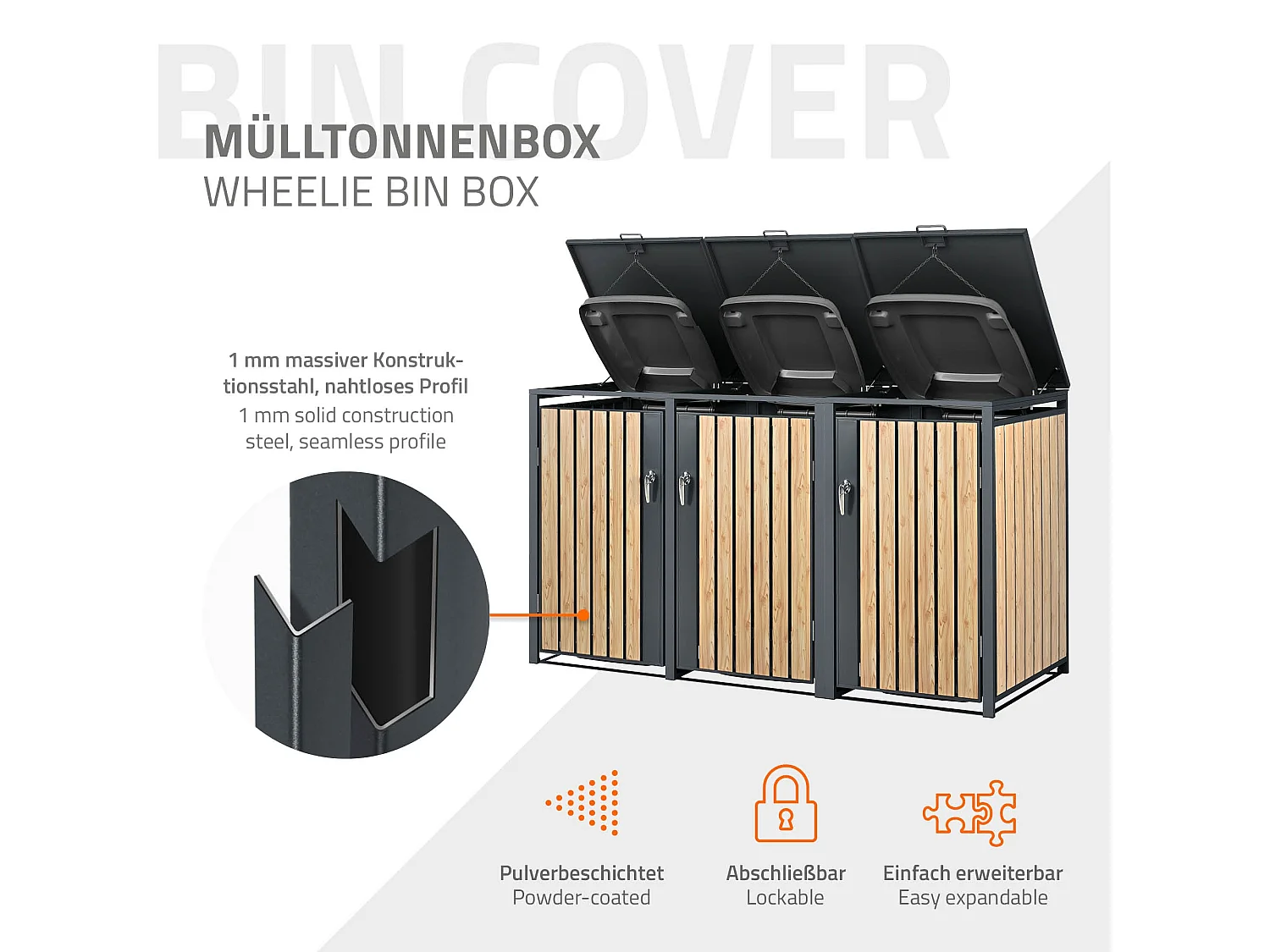 Abri pour 3 poubelles 200x80x116,3 cm capacité de 60L à 240L anthracite/aspect mélèze acier couvercle rabattable/3 portes résistant aux intempéries