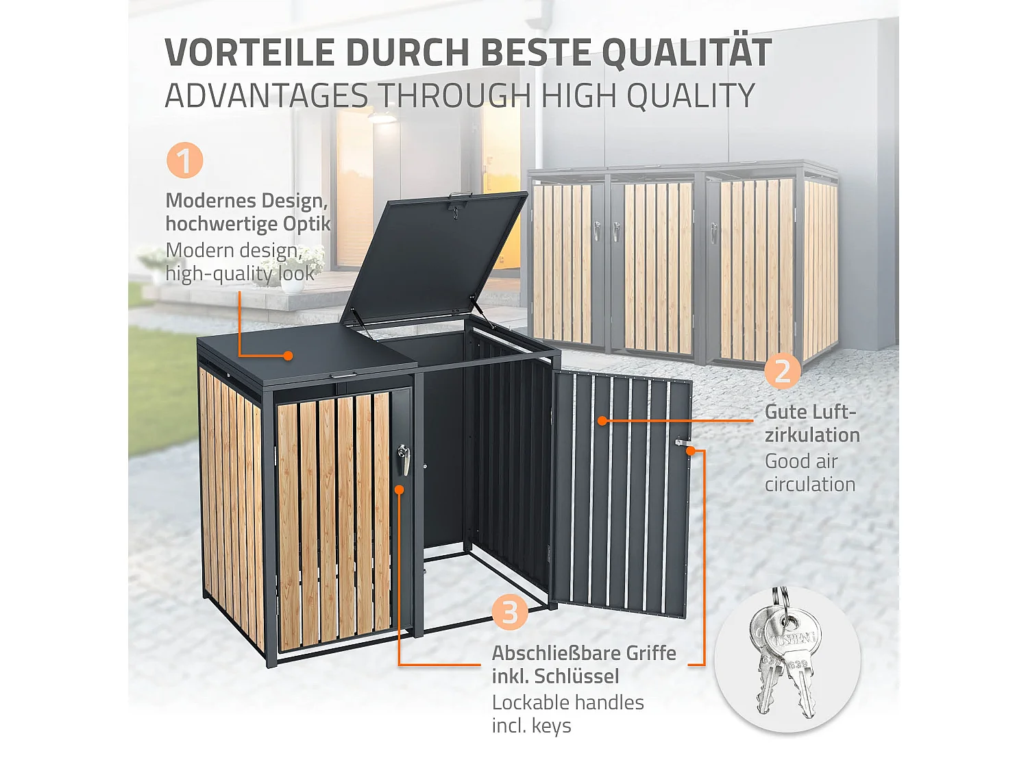 Abri pour 3 poubelles 200x80x116,3 cm capacité de 60L à 240L anthracite/aspect mélèze acier couvercle rabattable/3 portes résistant aux intempéries